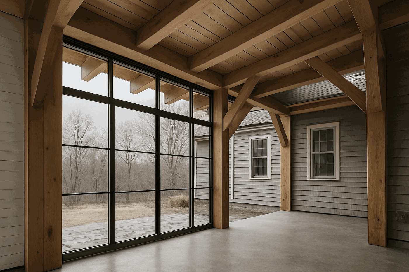 A timber-framed addition with Douglas fir posts and a wall of black-framed glass.