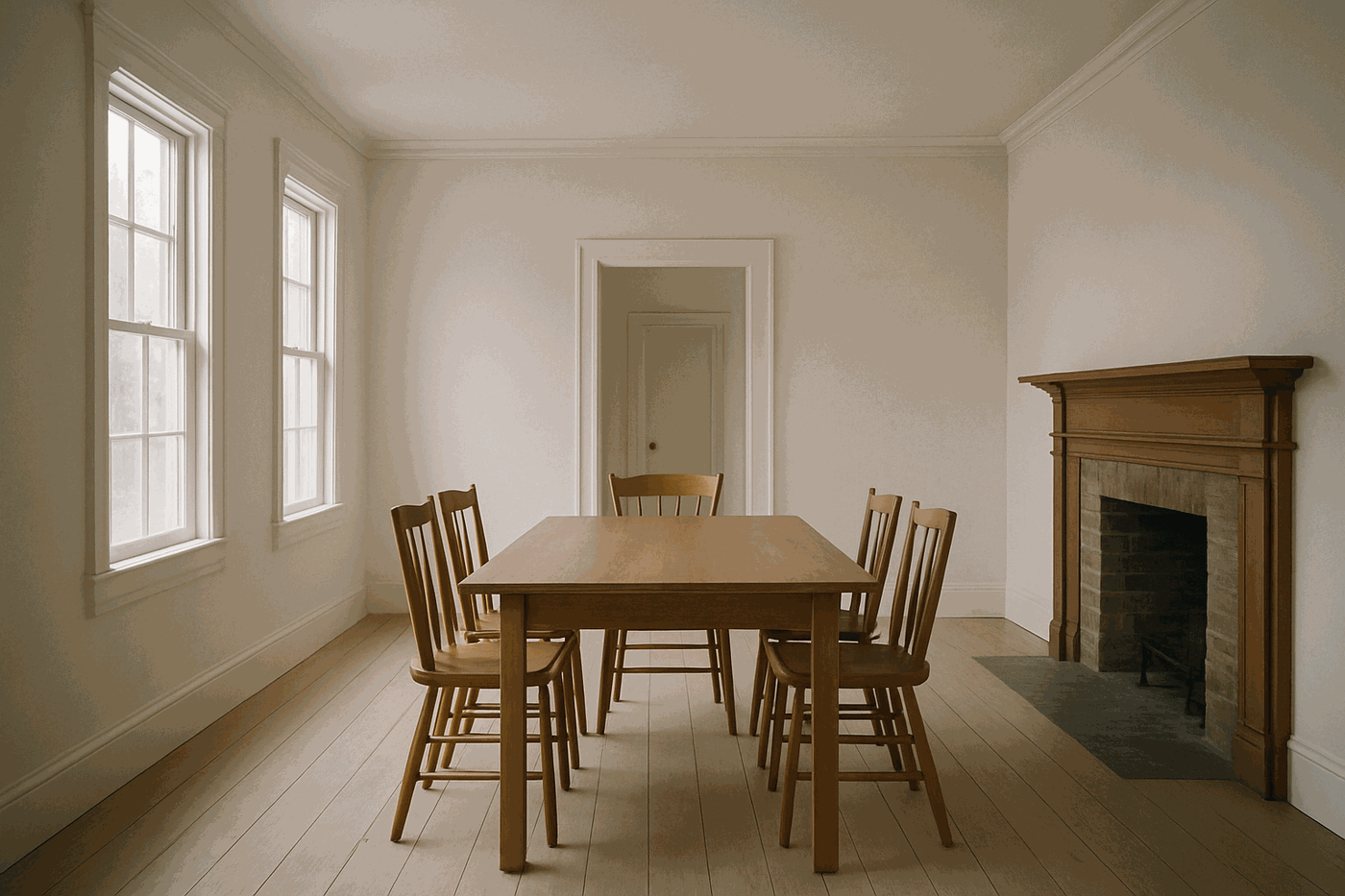 The Deering Street dining room after restoration: plaster walls, refinished oak floor, restored mantel.