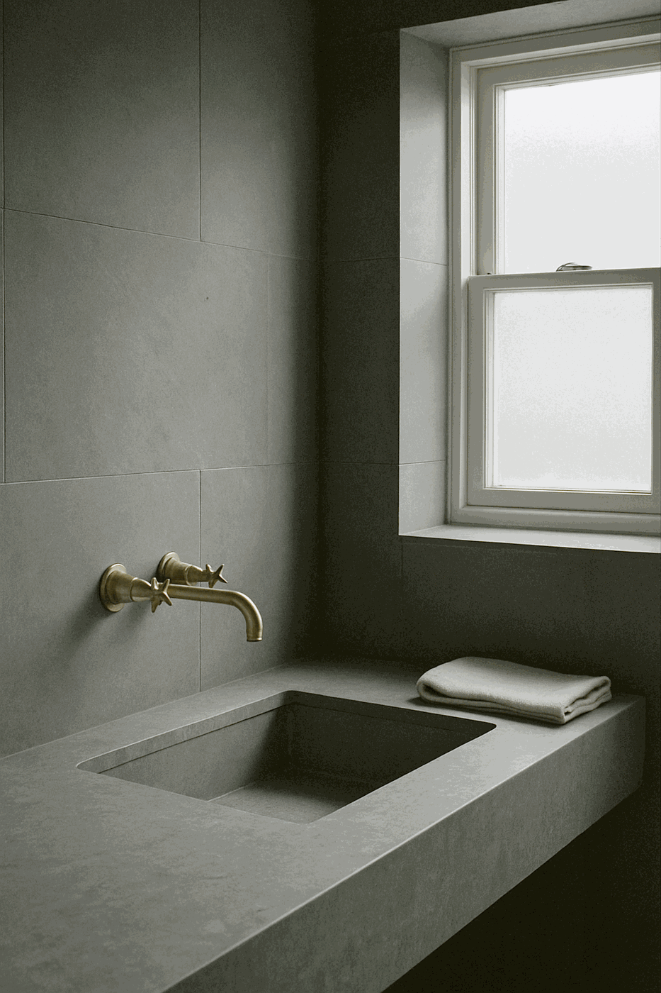 A finished bathroom in honed grey stone with unlacquered brass fittings.