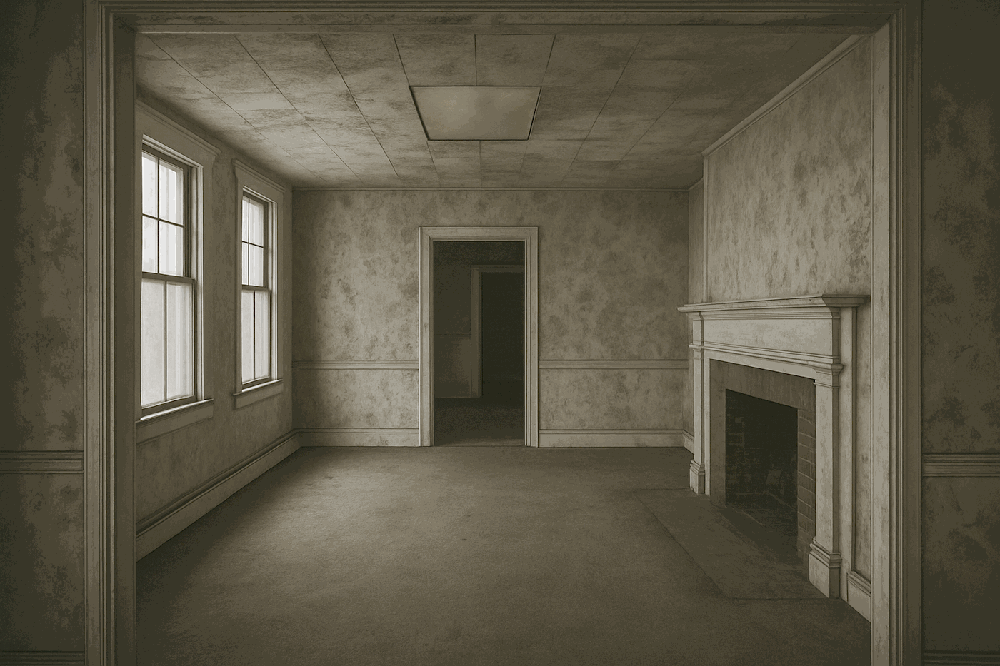 The same dining room before work: peeling wallpaper, a dropped acoustic ceiling and worn carpet.