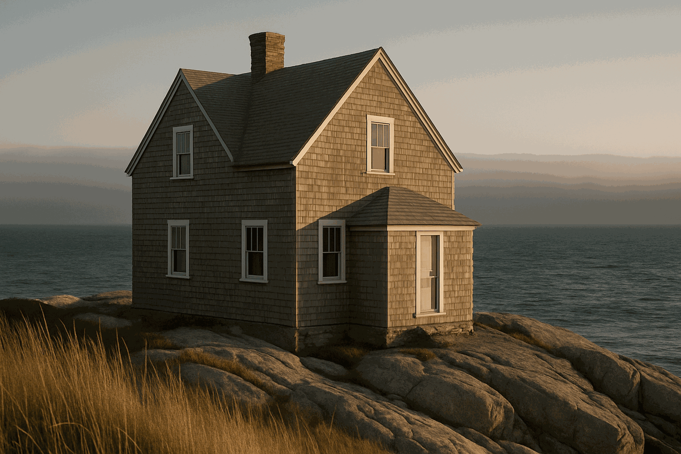 A shingled coastal house on a rocky granite point at golden hour.