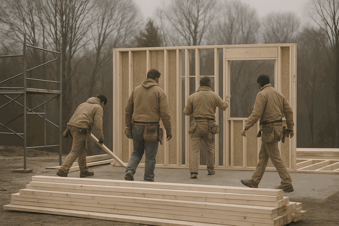 The Halstead crew setting a wall on a jobsite, seen from a distance.
