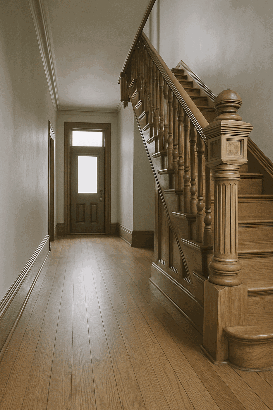 A restored Victorian entry hall with an original quartersawn oak staircase.