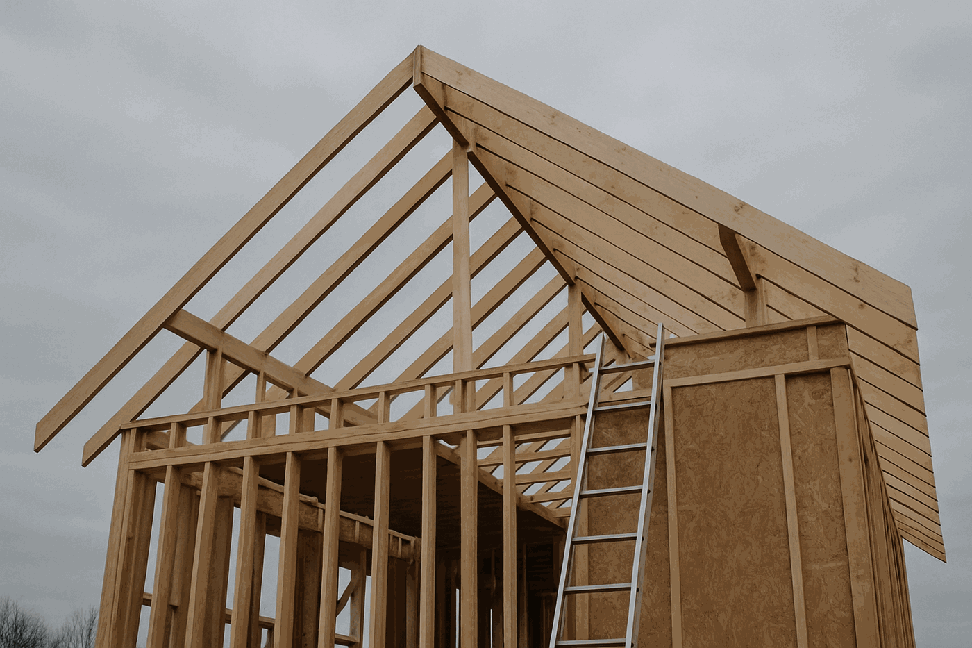 New roof rafters and stick framing silhouetted against an overcast sky.