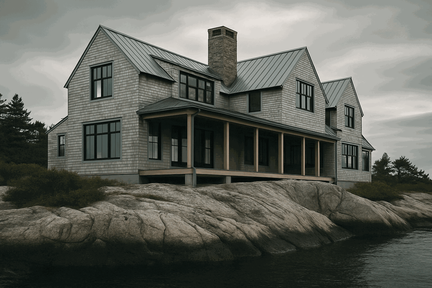 A completed shingle-style coastal house on a granite ledge above the water in Cape Elizabeth, Maine.