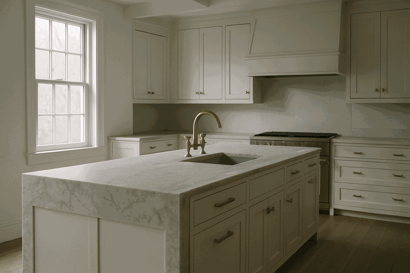 A renovated kitchen with white inset cabinetry and a honed marble island.