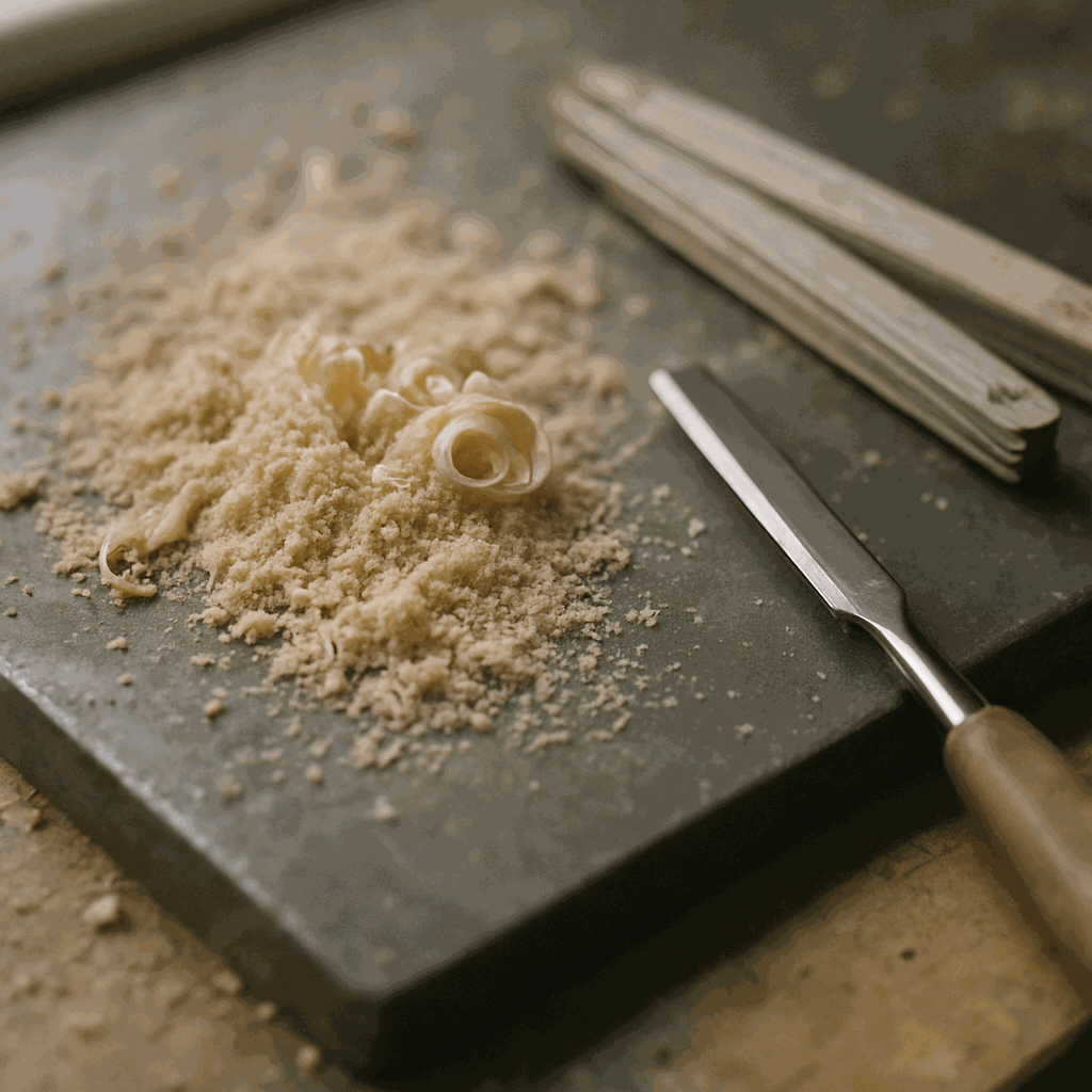 Sawdust and a chisel on the bench in the Halstead shop.