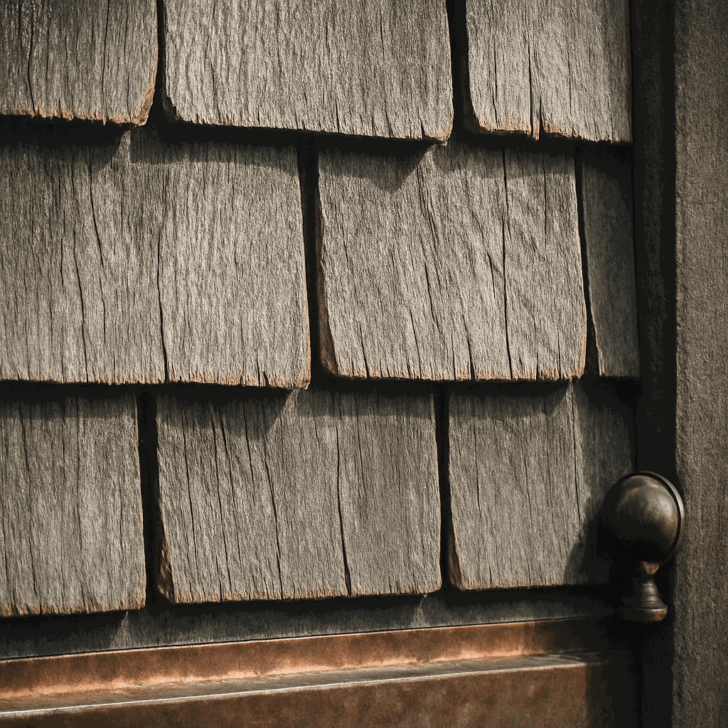 Weathered cedar shingle siding and copper flashing at Prouts Neck.