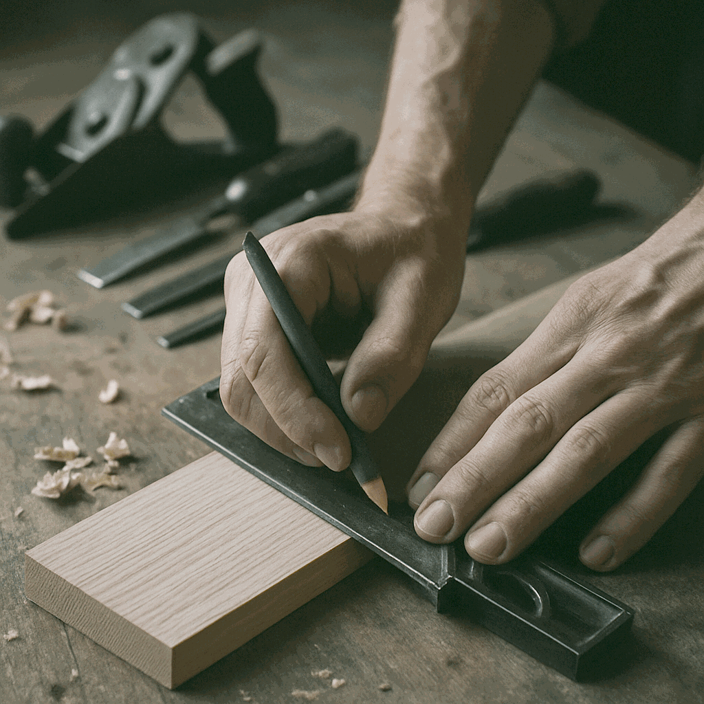A carpenter's hands marking white oak on the bench in the Halstead shop.